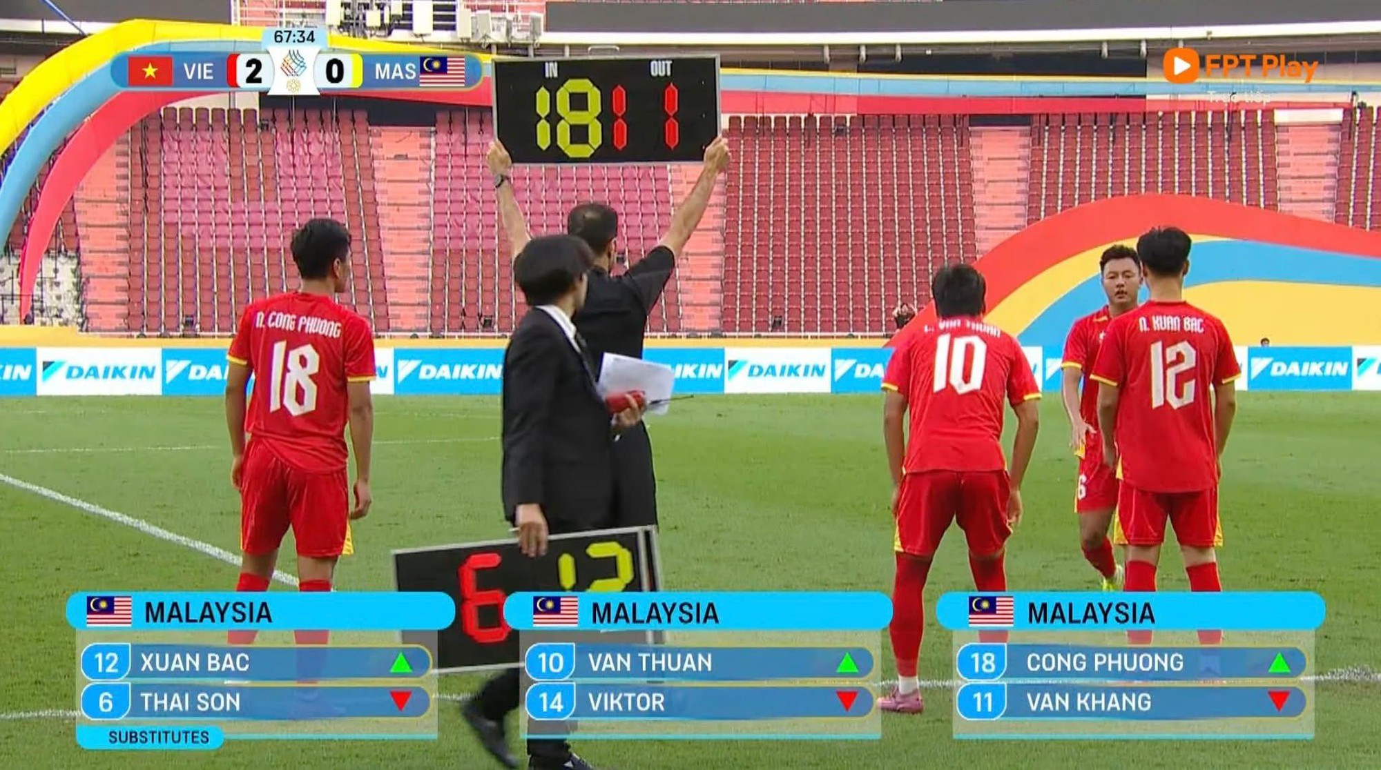 BTC SEA Games lại nhầm cờ trong trận đấu U22 Việt Nam - Ảnh 1. BTC lại hiển thị sai cờ khi U22 Việt Nam thay người
